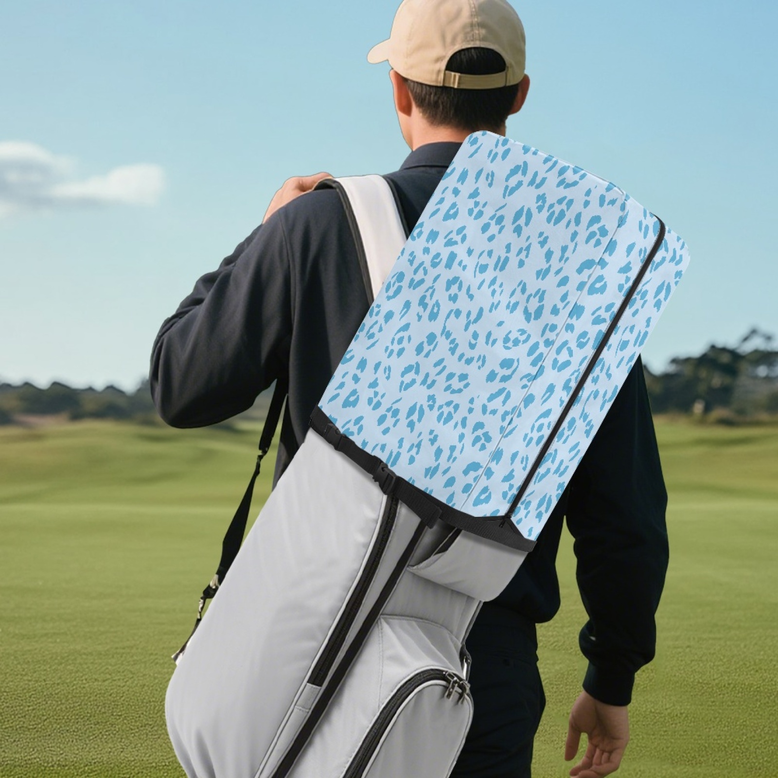Yuyamidu Blue Leopard Print Golf Bag Cover Fashion Golf Bag Top Cover for Clubs with Snap Button One Size Fit Most Stand Bags