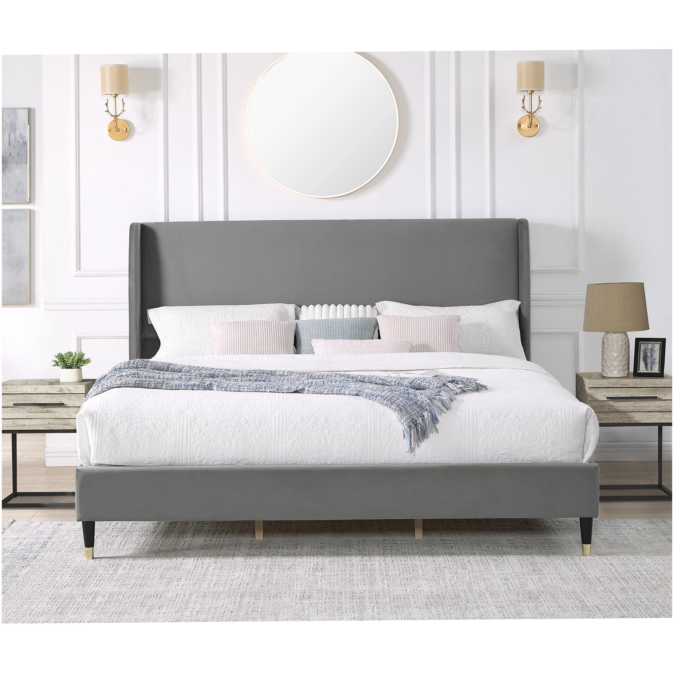 King Size Velvet Upholstered Platform Bed Frame with Wingback Headboard, Modern Gray Fabric Bed, No Box Spring Needed