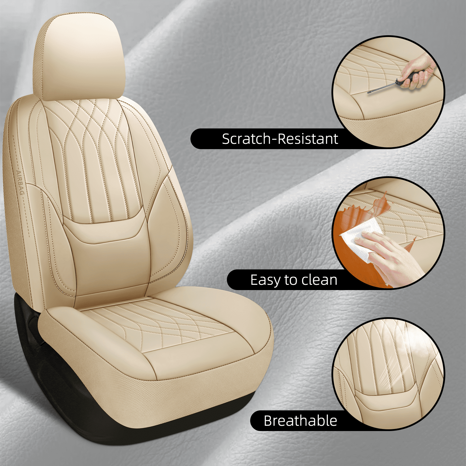 NS YOLO Premium Leather Car Seat Covers Front | Universal Car Seat Covers for Cars, Trucks & SUVs | Waterproof Front Seat Protectors, Beige