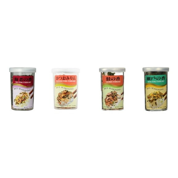 Ajishima JFC Rice Seasoning Fumi Furikake 4 Flavor Mixed Bundle (EBI,Katsuo,Salmon,Seto) Plus NineChef Brand Long Handle Coffee Spoon