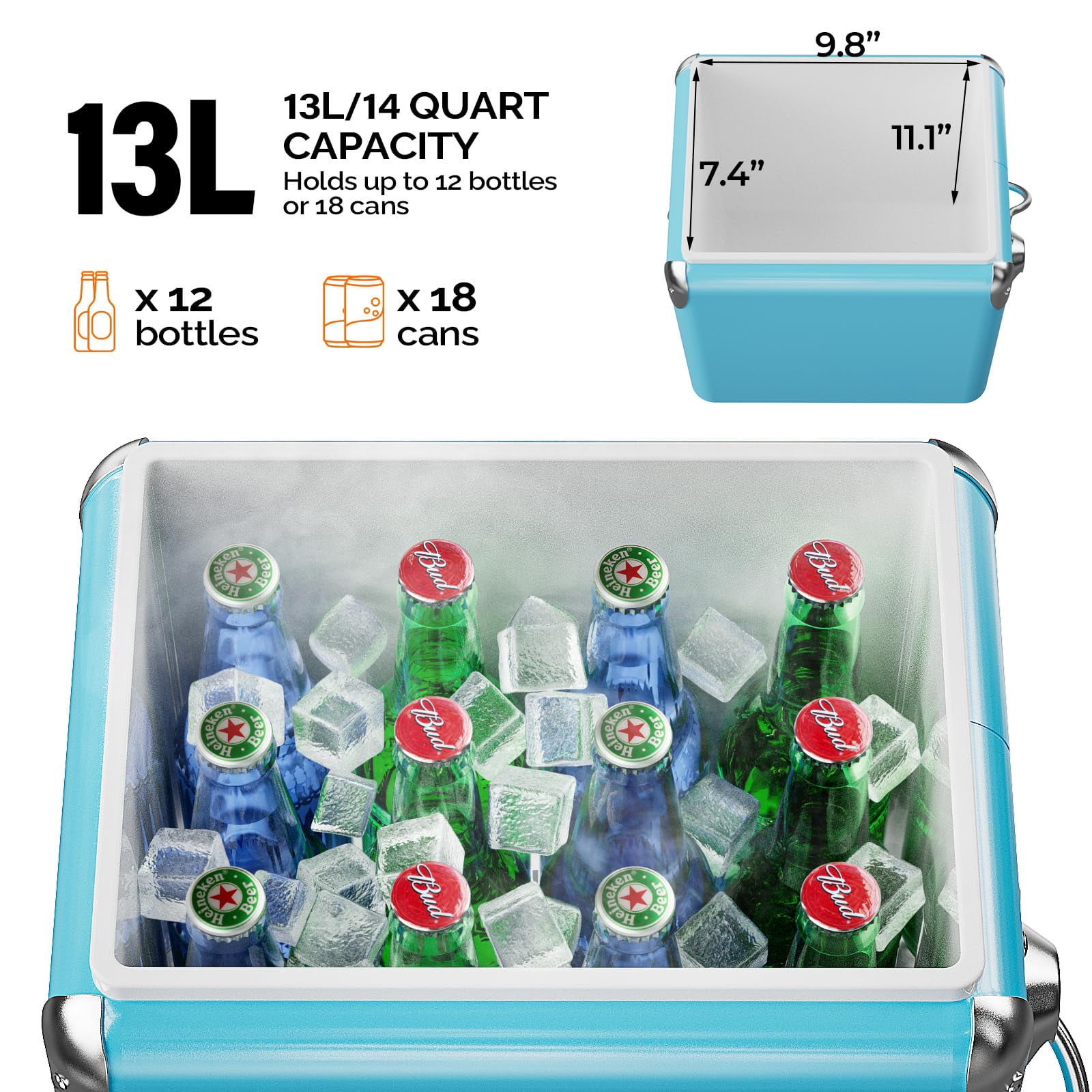 14QT Small Insulated Portable Cooler, Retro Vintage Hard Metal Cooler for BBQ, Camping, Fishing, Picnic, Outdoor Activities
