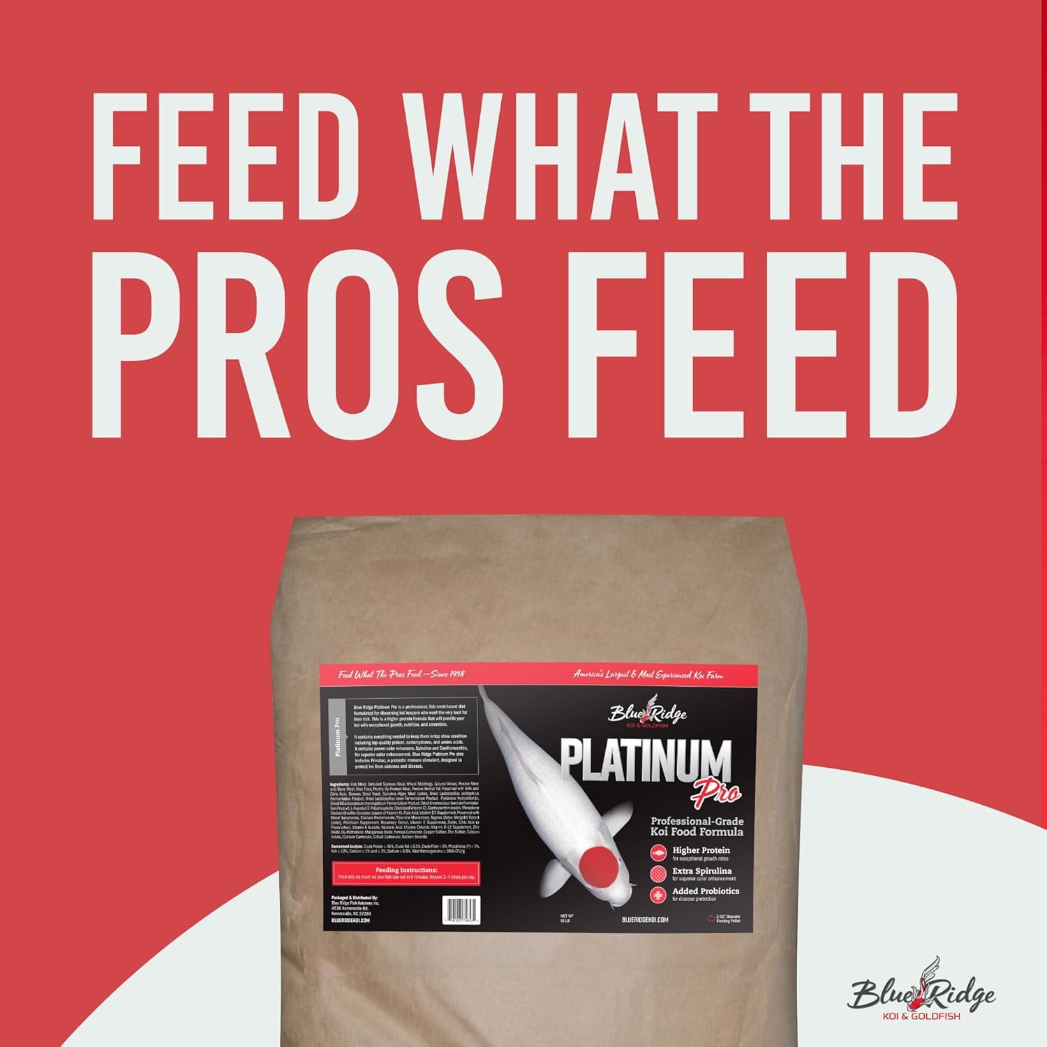 Blue Ridge Koi Fish Food 50lb - Koi Food 3/16” Platinum Pro Formula Goldfish Food, Premium Fish Food for Ponds, Floating Pond Pellets Fish Food