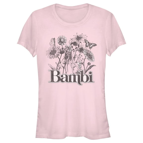 Junior's Bambi Gray Floral Sketch Graphic Tee Light Pink Large