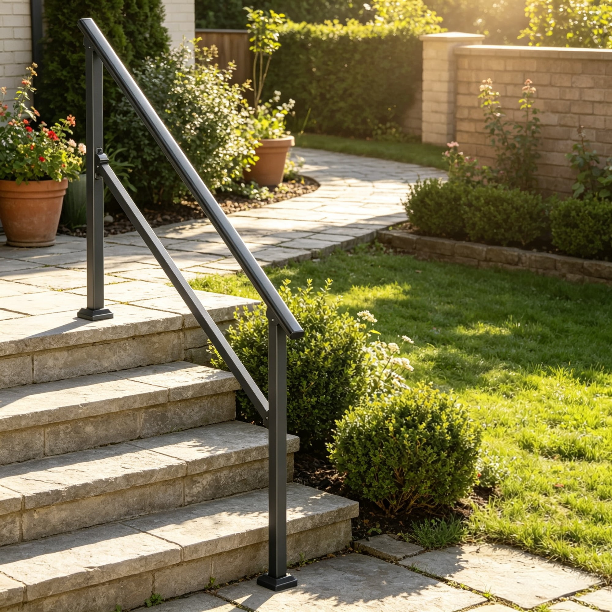 4-5 Step Stair Handrail Kit for Outdoor Steps, Black Square Tube Design