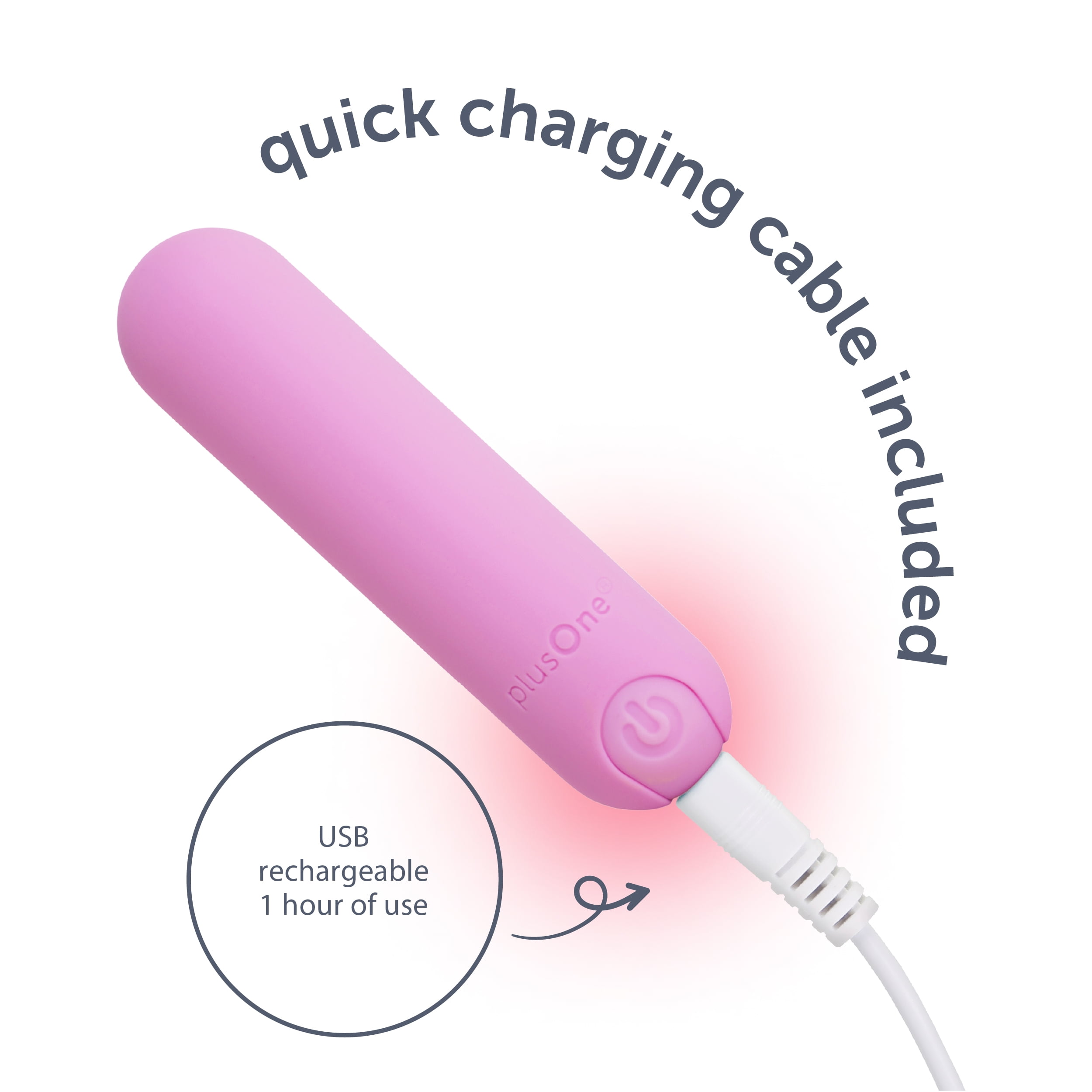 plusOne Vibrating Bullet Soft Touch Massager, Pink, 10 Vibration Settings, Waterproof