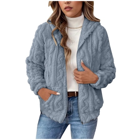 Atogsazn Womens Sherpa Jacket Zip Up Fuzzy Long Sleeve Hooded Coat Fleece Winter Warm Hoodie with Pocket Clothing 02-Navy L Fashion