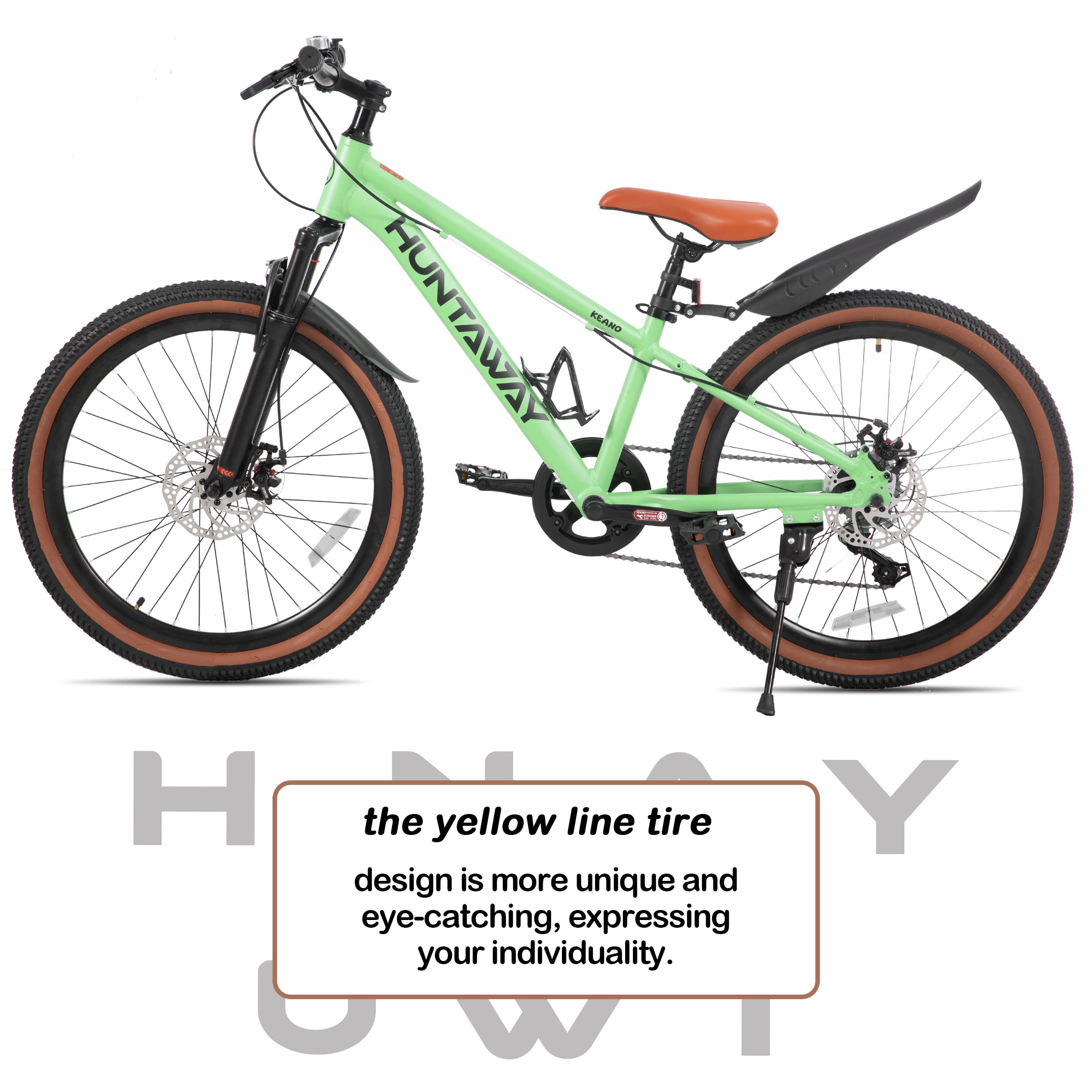 KEANO Huntaway 24 Inch Kids Mountain Bike for Boys Girls Ages 8-12, 7-Speed Kid Bicycle with Lightweight Alloy Frame, Dual Disc Brakes, Green