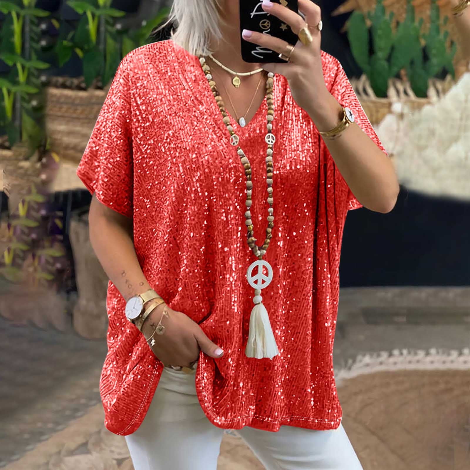 Bowake Sequin Tops for Women Short Sleeve Dressy Sparkly Going out Tops Glitter Blouse Party Club Cocktail Shirt Red