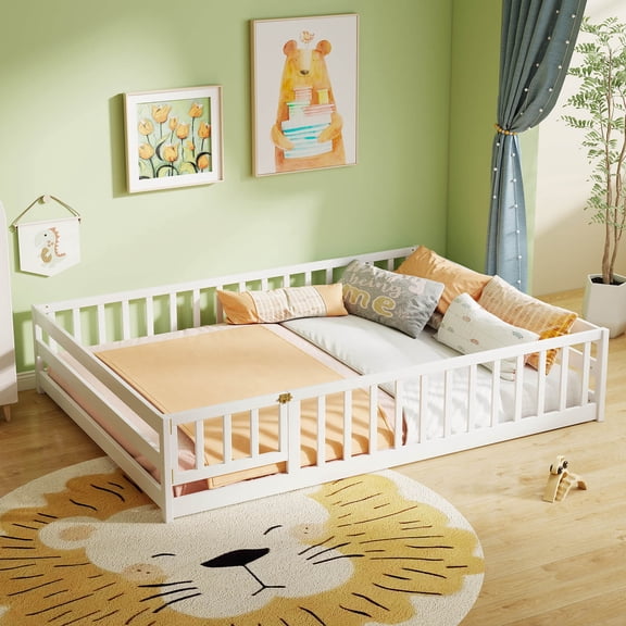 Costway Full Size Floor Bed with Full Length Safety Guardrails & Door for Boys, Girls White