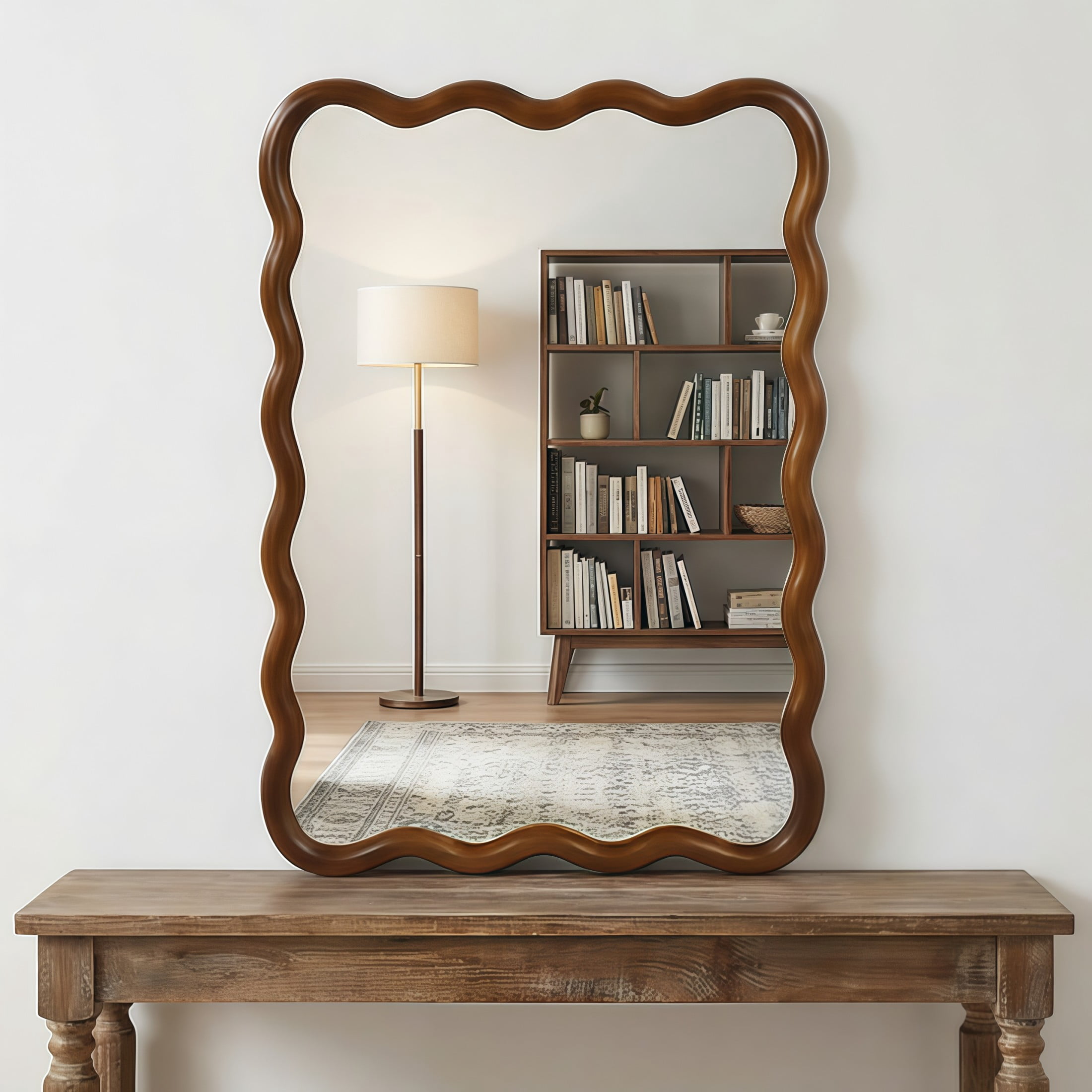 Noble House 24"x36" Wavy Rectangle Wall Mirror, Solid Wood Frame Decorative Accent Mirror for Entryway/Bathroom, Walnut
