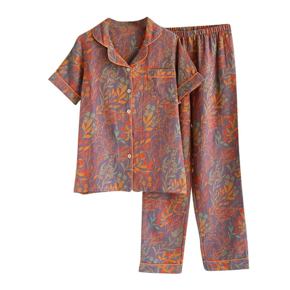 Tnhcen Women's Short Sleeve Top Long Pants Matching Sleepwear Loungewear Knit Pajamas Button Up Lounge Sets M-XL