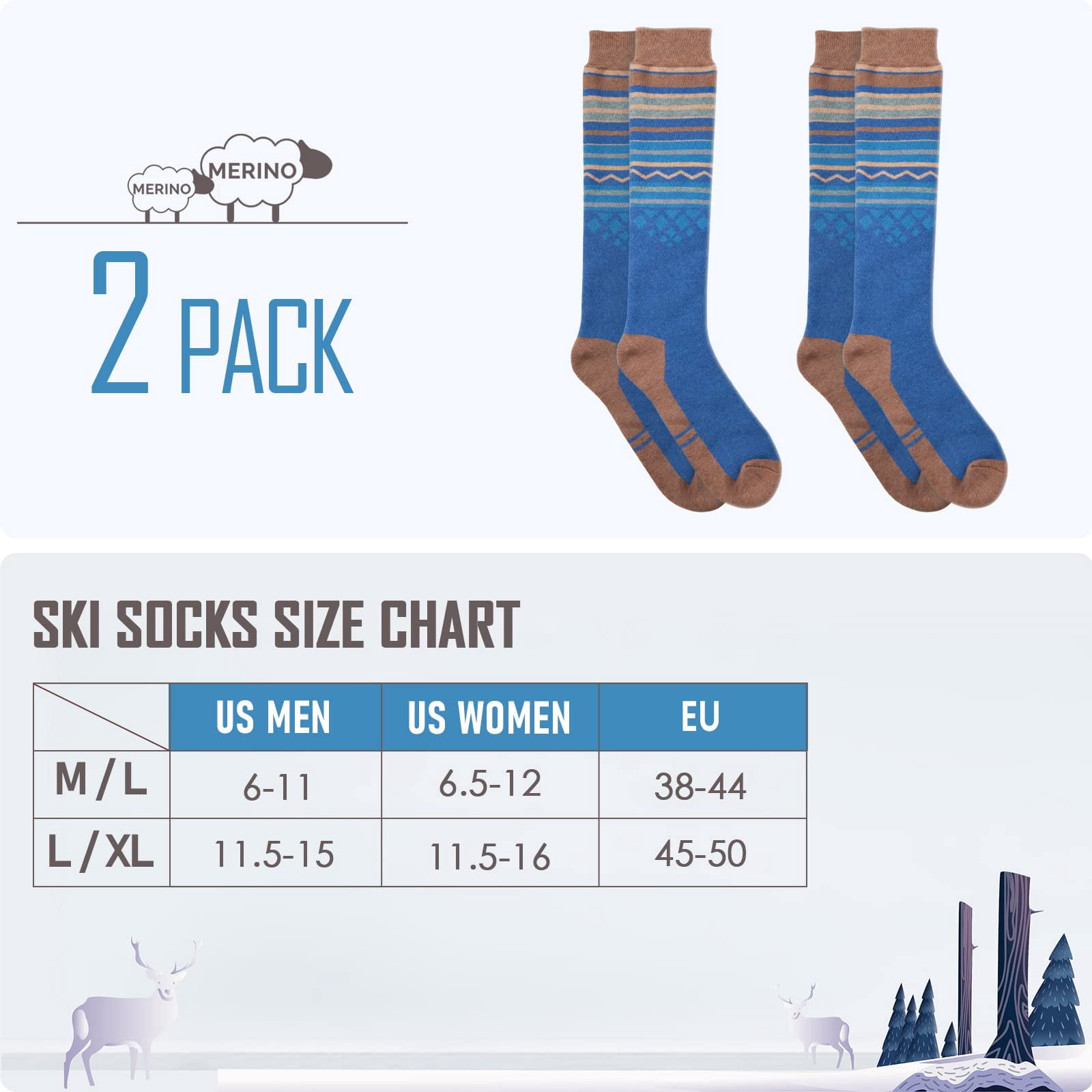 OutdoorMaster Ski Socks 2-Pack Merino Wool, Over The Calf Non-Slip Cuff for Men & Women