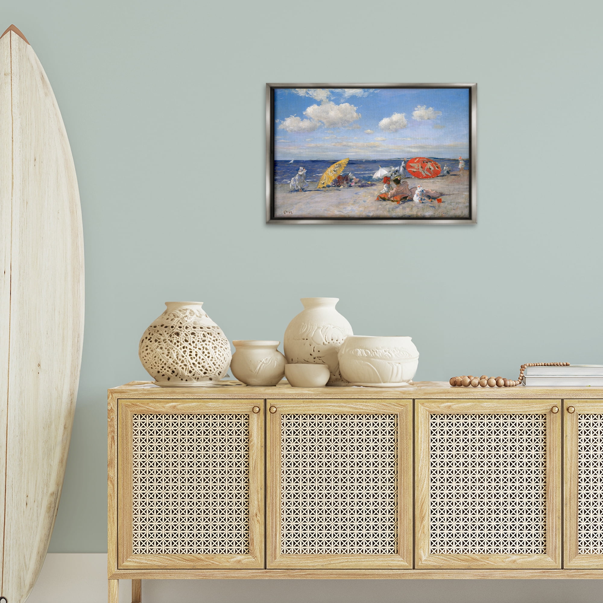 Stupell Industries Classic Beachgoers Scene Nautical & Beach Painting Gray Floater Framed Canvas Art Print Wall Art, 25 x 17