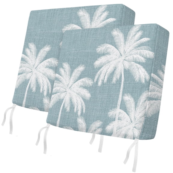 Outdoor Patio Cushion Covers 2 Pack Tropical Palm Trees Chair Pads Slipcovers with Ties & Zipper Waterproof Seat Cover Teal Blue Linen Coastal Seat Cushion Covers for Outdoor Couch Sofa 22x20 Inch