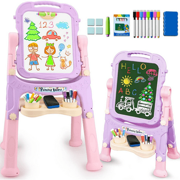 Easel for Kids, Adjustable Standing Art Easel for Toddler, Double Magnetic Drawing Board with Painting Accessories, Birthday Christmas Gift for Little Boys and Girls,  Pink
