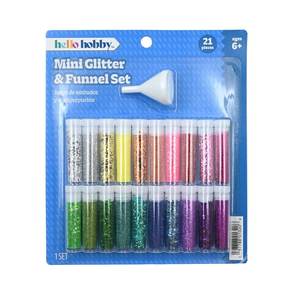 Hello Hobby Mini Glitter & Funnel Set, Assorted Colors, 21-Piece Craft Kit