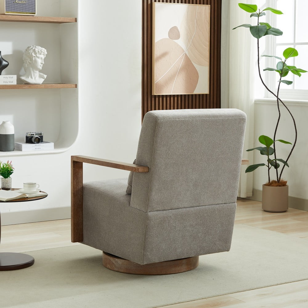 Swivel Accent Chair, 360 Degree Modern Upholstered Lounge Chair with Solid Wood Armrests, Linen Blend Fabric, Comfy Reading Chair for Living Room, Bedroom & Office, Gray