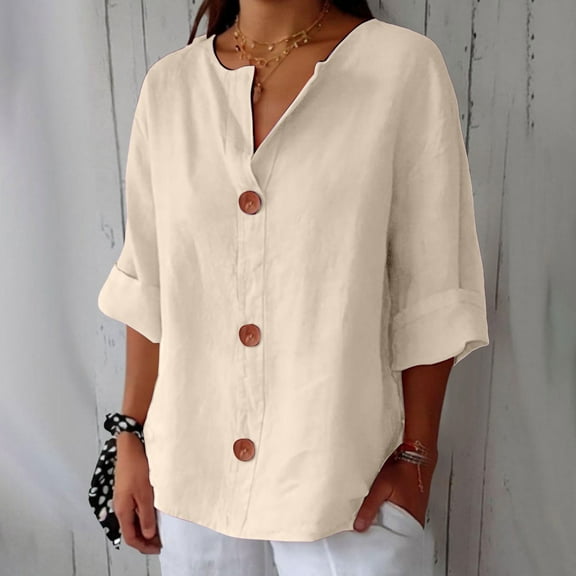 Beige Tshirts for Women Linen Shirts for Women Summer Cotton Linen V Neck 3/4 Sleeve Tops Loose Vacation Beach Solid Blouses Tunic Tops Summer Tops