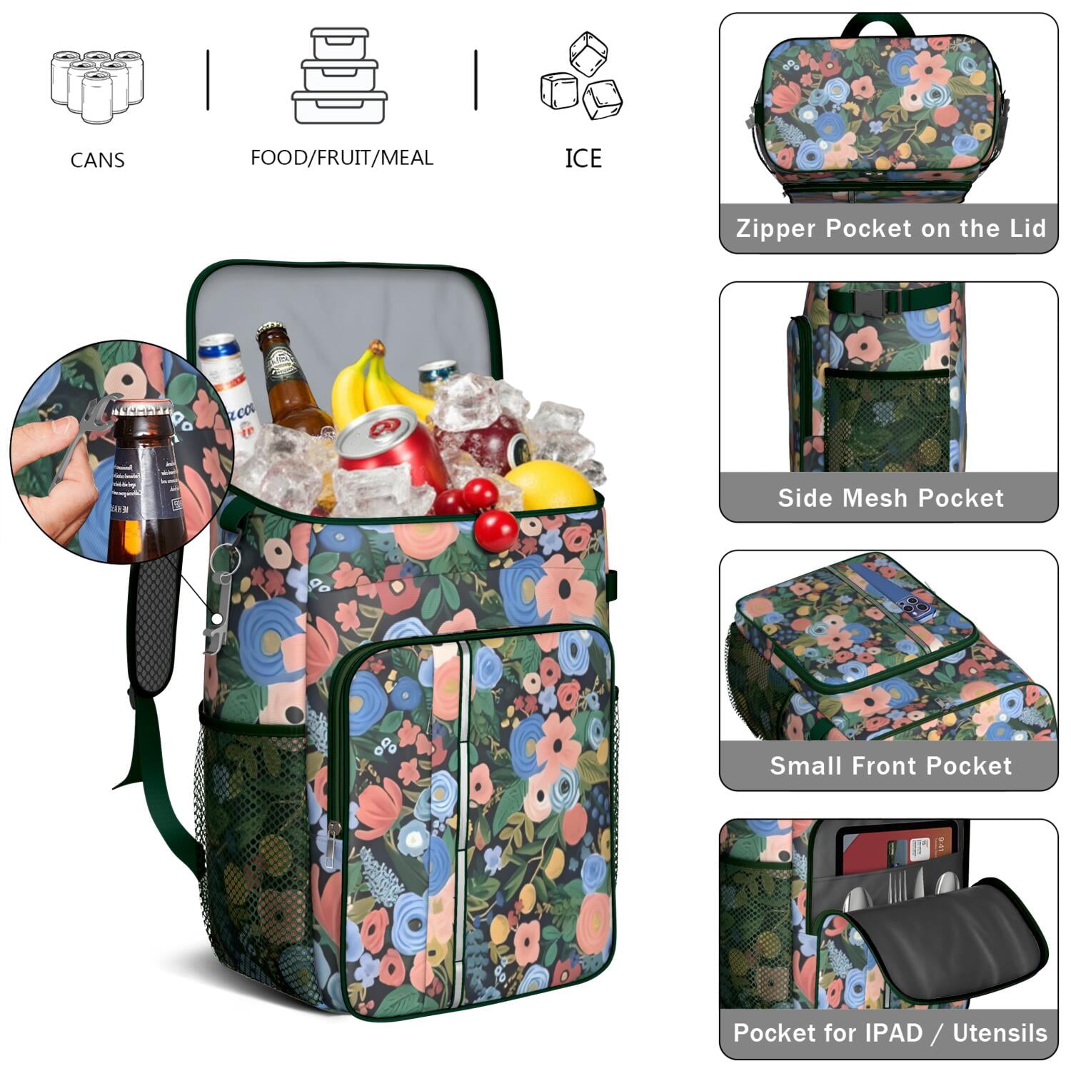 Travel Cooler Bag - Pioneer Flower Floral Print Pattern Camping Beer Cooler Backpack with Bottle Opener- Waterproof Insulated Picnic Backpacks - Cooler Bag for Beach