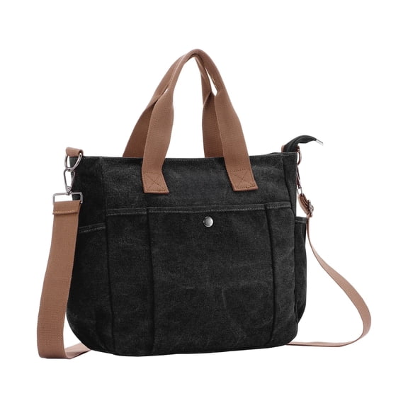 URSOFINE Women's Canvas Tote Bag, Multi-Pocket Vintage Work Handbag with Adjustable Strap, Lightweight Crossbody Shoulder Purse for Travel, Daily Commute & College (Carbon black)