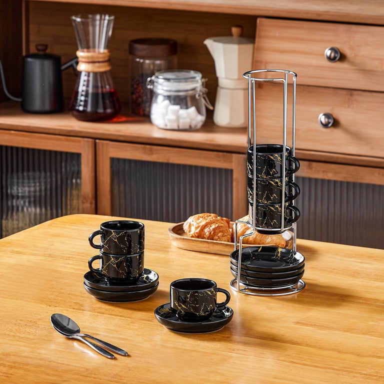 Vancasso 2.5 oz Coffee Mug Sets of 6, Stackable Espresso Cups with Saucers & Stand, Ceramic Cappuccino Cups for Espresso, Tea, Black