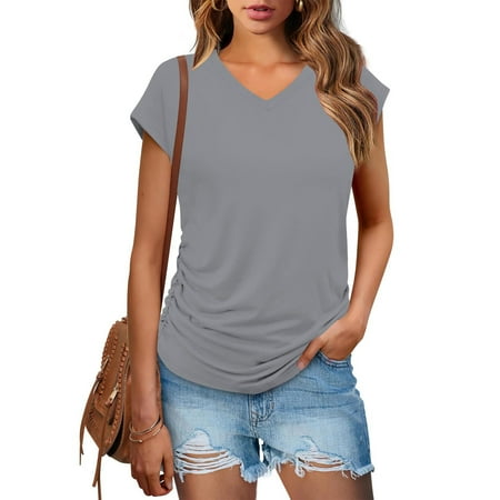 Xdegoge V Neck T Shirts for Women Short Sleeve Trendy Summer Tops Cute Tunic Fit Blouses Dressy Casual Beach Fashion Tops Loose Comfy Solid Color Y2K Shirts ofertas Del Dia De Hoy Relampago