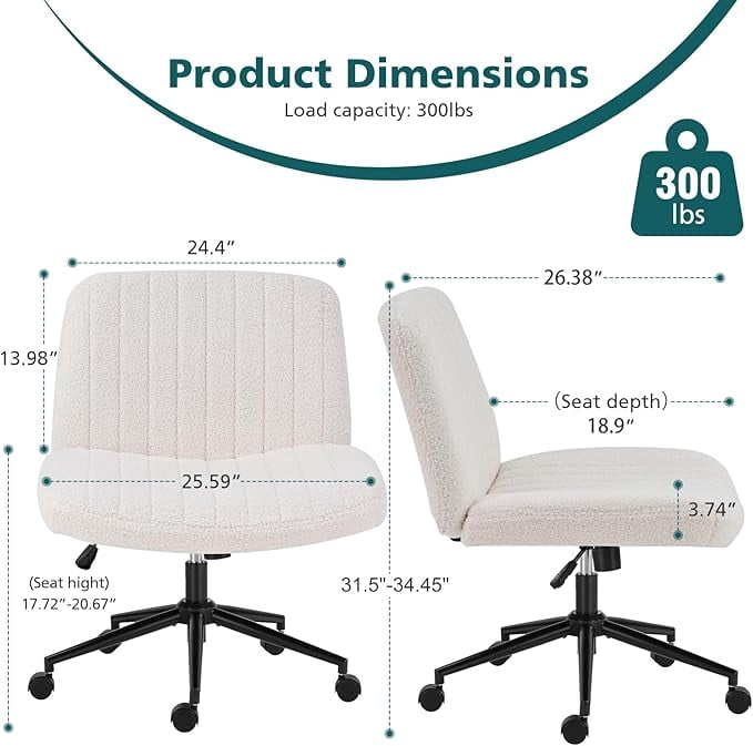 Office Desk and Vanity Chair, Armless Cross-Legged Swivel Task Chair with Wide Fabric Seat, Height Adjustment, and Replaceable Wheels or Fixed Base