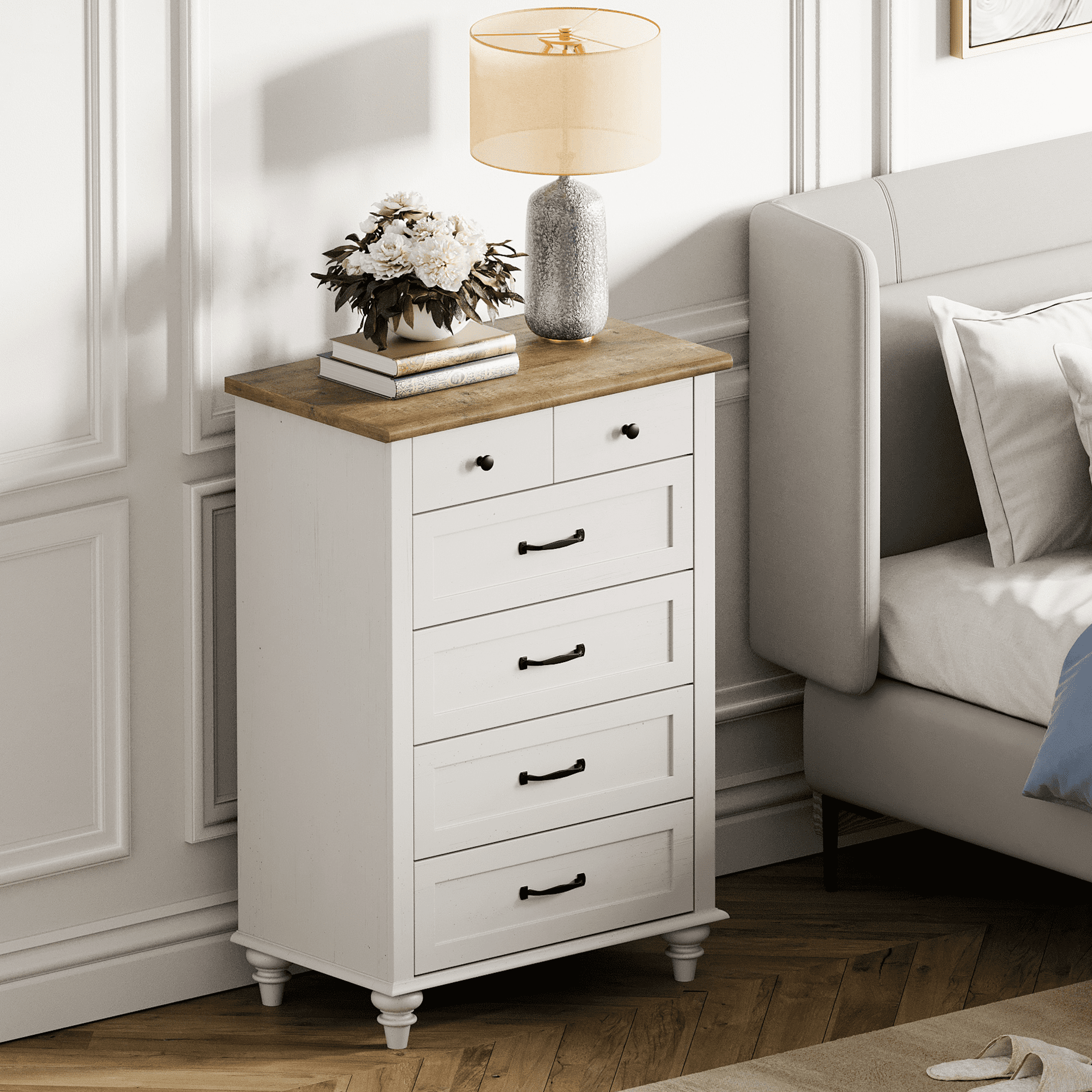 Mid Century Dresser with 5 Drawers, Tall Kids Dresser TV Stand for Living Room Kids Room, White