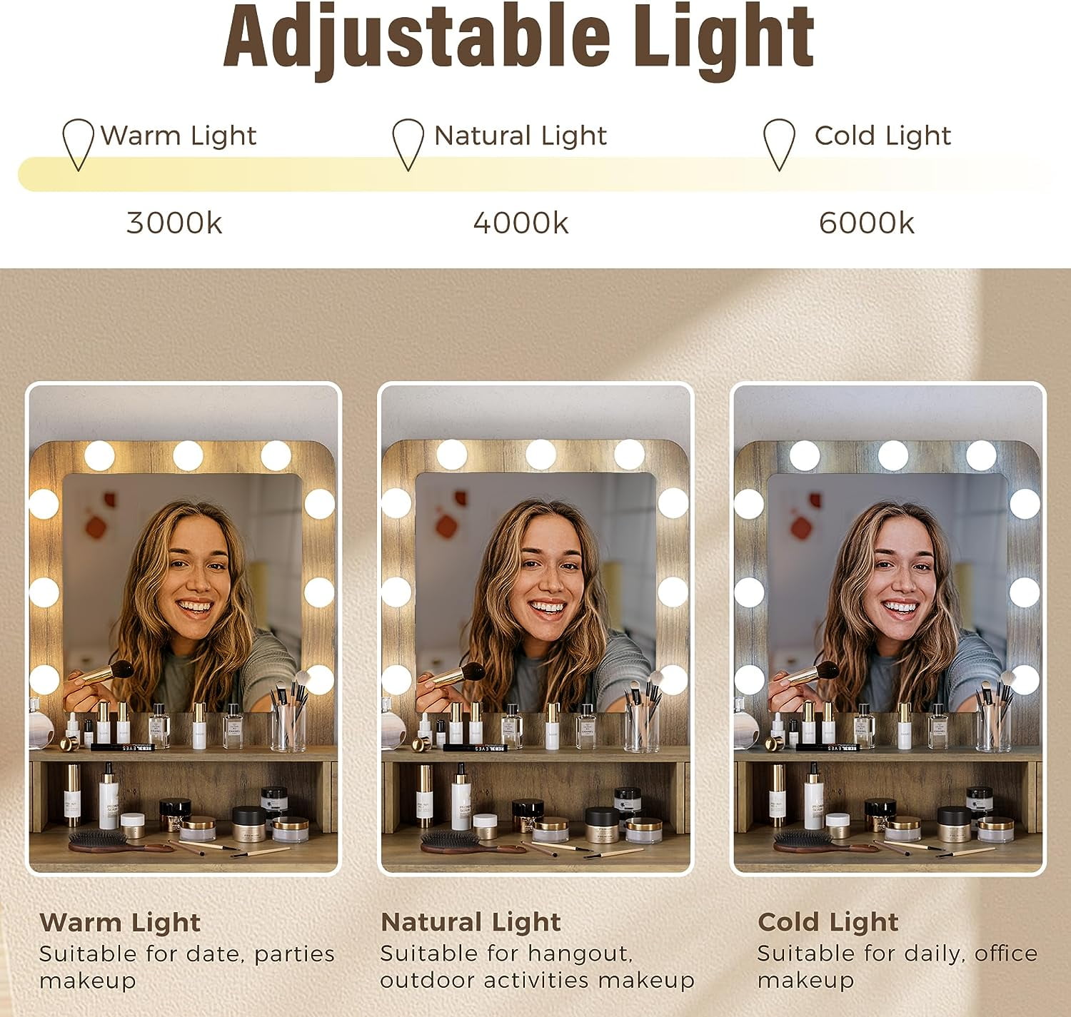 May in Color Makeup Vanity Table with 3 Color Dimmable Lighted Hollywood Mirror, Makeup Vanity with 4 Drawers , Brown