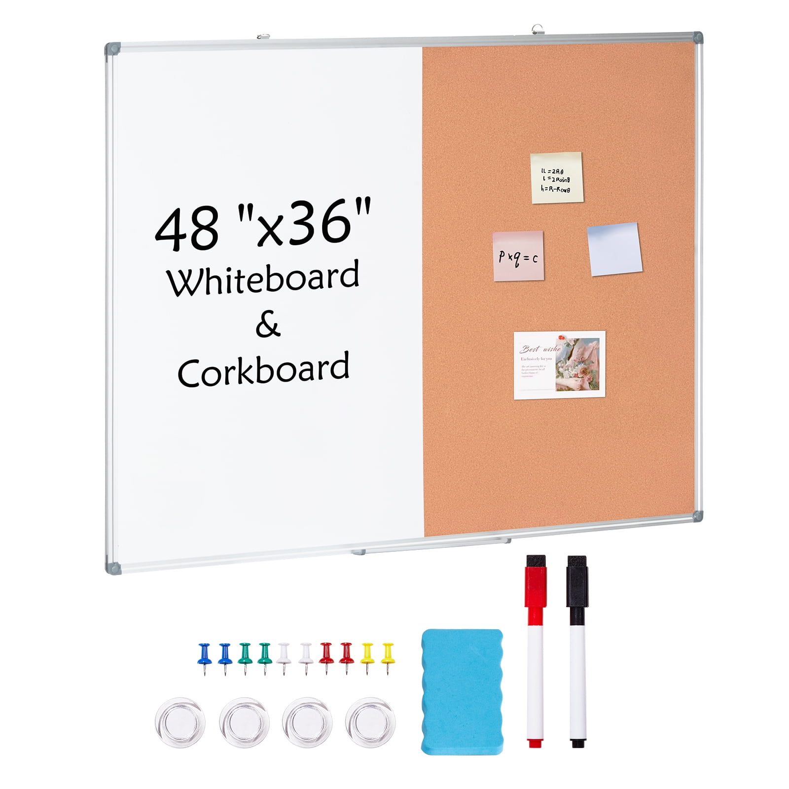 KFFKFF 48"x 36" Dual-Function Whiteboard & Cork Board with Aluminum Border – Magnetic Dry Erase Notice Board for Wall Installation – Suitable for Educational Institutions, Residences, Workplaces
