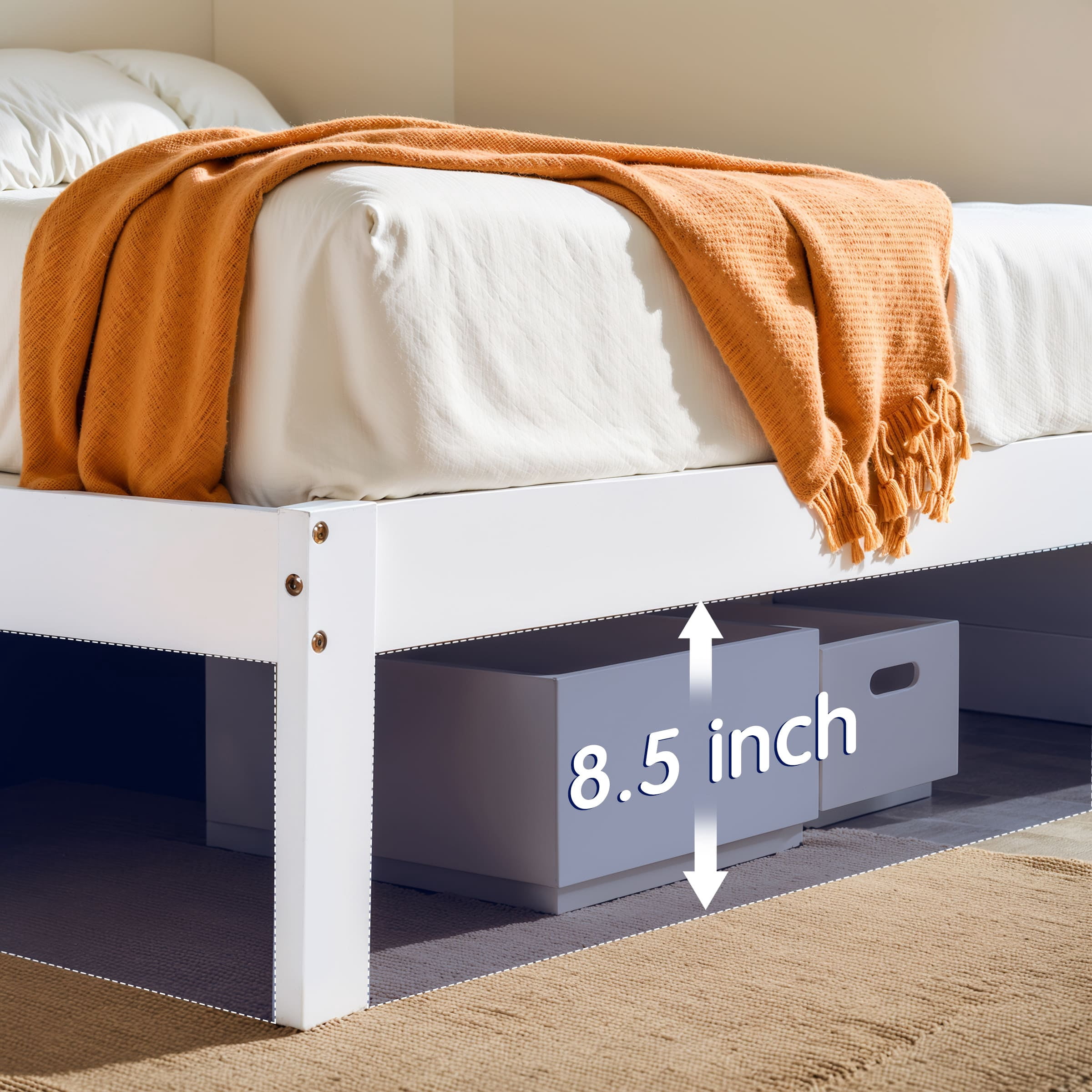 Subrtex 12" Solid Wood Platform Bed Frame with Wooden Slats, White, Queen