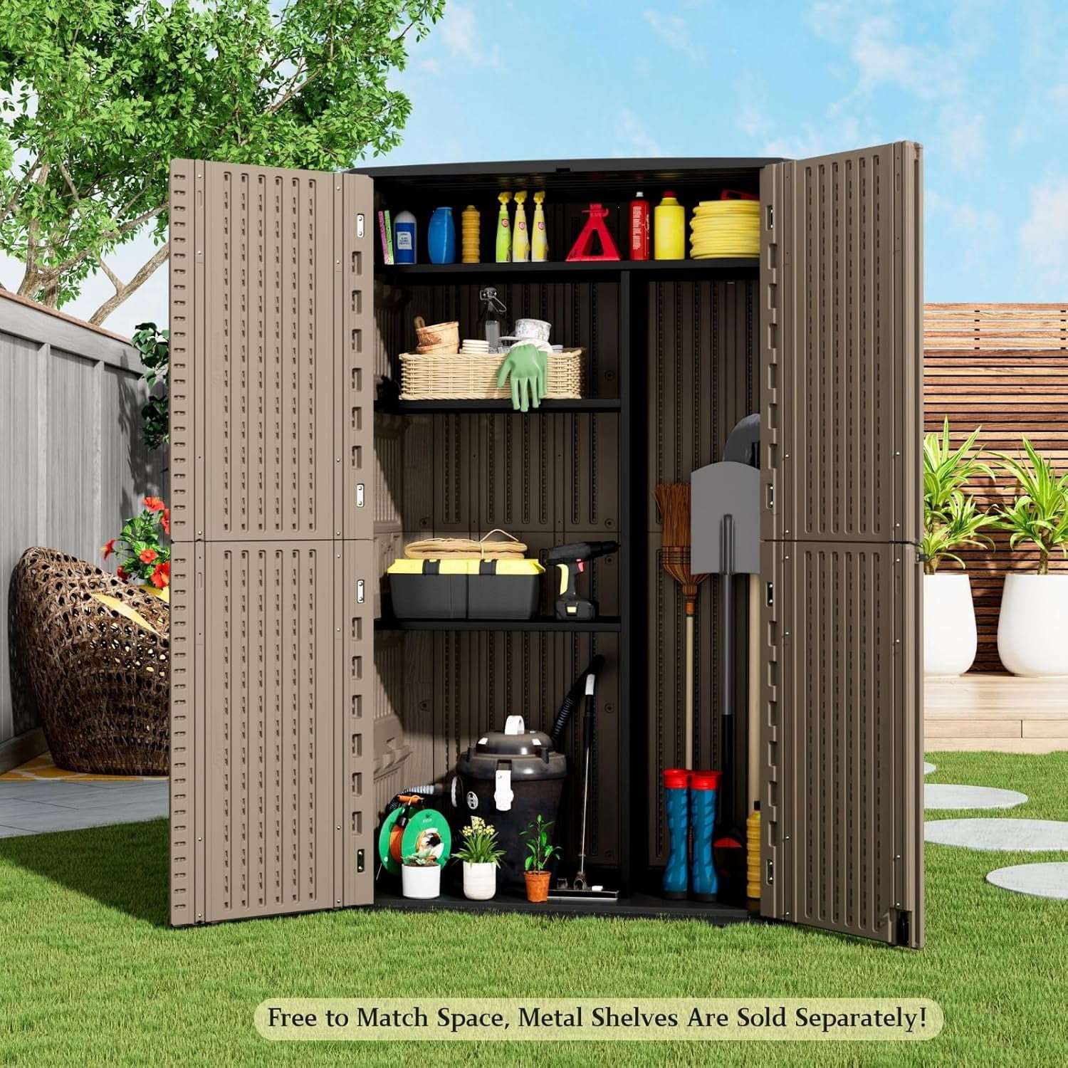 ZZMTIME Large 52 Cu.ft Waterproof Storage Shed, Outdoor Storage Cabinet，Durable Resin Storage for Patio Furniture, Garden Tools, Pool Accessories, Mower Storage (Coffee)
