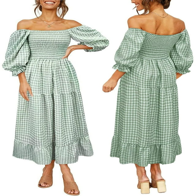 Robe Bohème Fluide pour Femmes à Manches Bouffantes, Épaules Dénudées, à Carreaux, à Volants, Robe Midi, Robes d'Invitée de Mariage