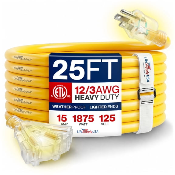 25ft Outdoor/Indoor Extension Cord 3-Outlet 12/3 Gauge Extra Heavy Duty ETL Listed, 3 Prong SJTW, Waterproof, Flexible Cold-Resistant Long Power Cord,15A 125V 1875W, Yellow by LifeSupplyUSA