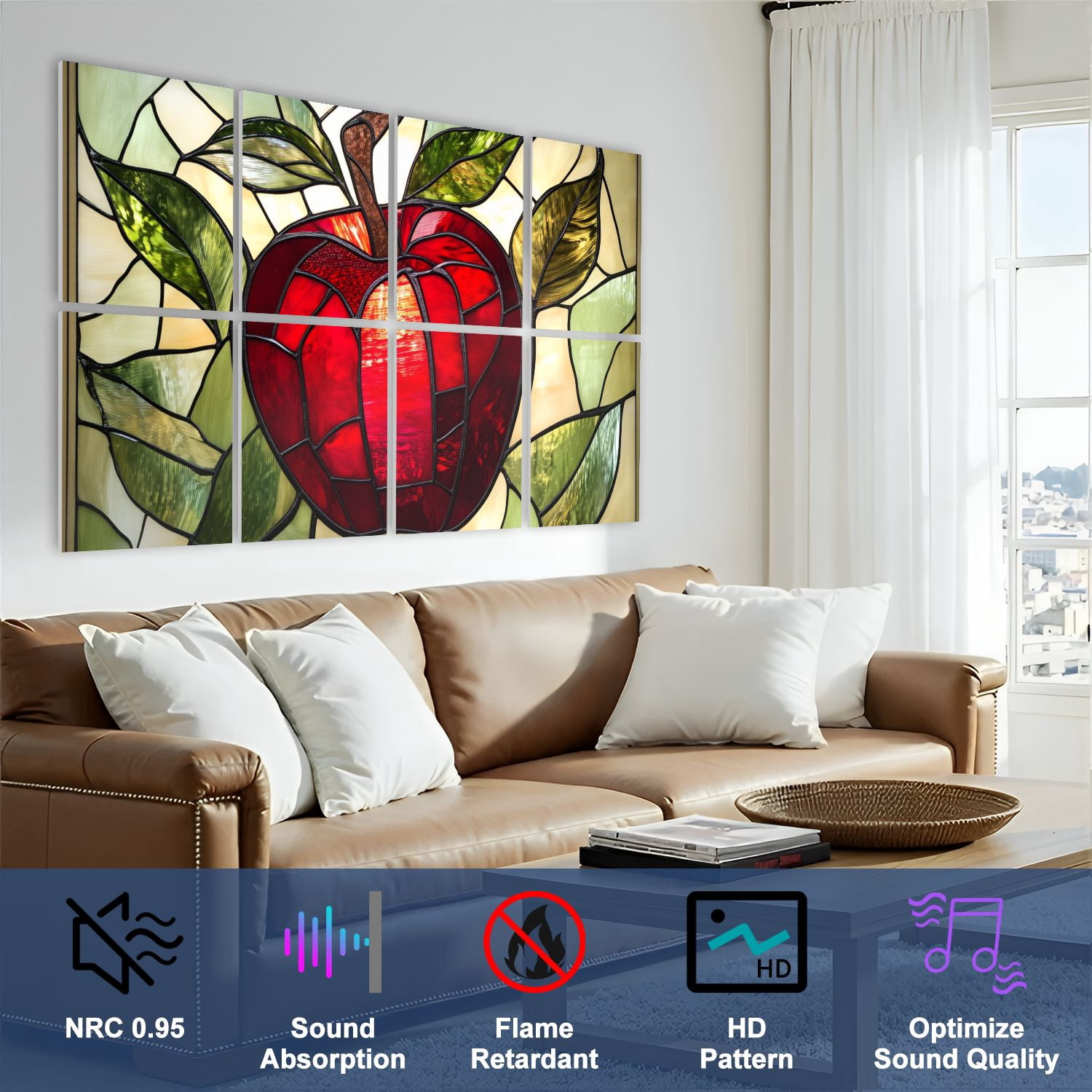 Stained Glass Style 8 Pack Art Acoustic Panels Sound Absorbing Red Apples Decorative Soundproof Wall Panels Self Adhesive for Nursery Game Room Bedroom 48"x32"