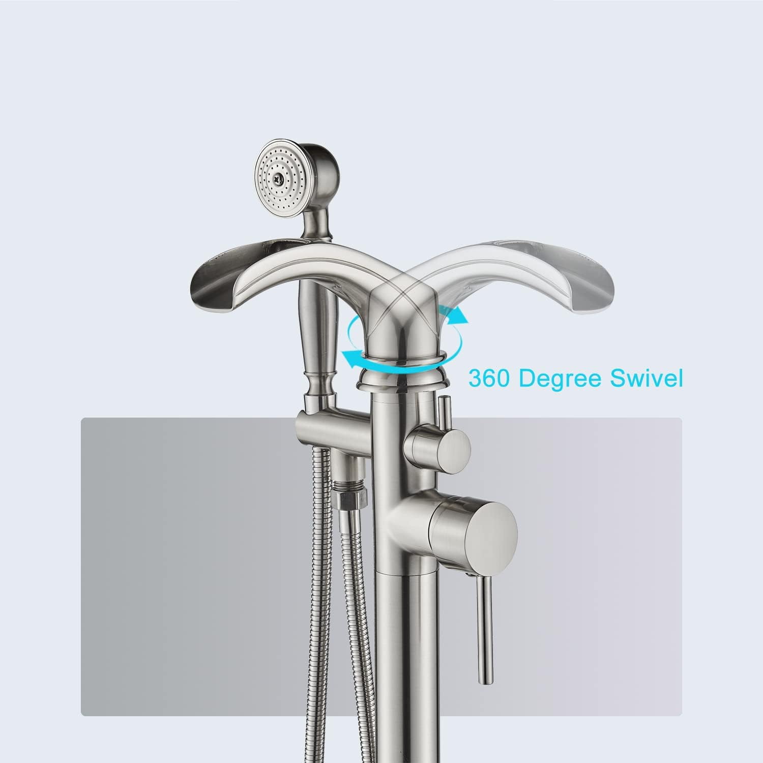 Zovajonia Brushed Nickel Bathroom Single Handle Freestanding Bathtub Faucet Floor Mounted Waterfall Tub Filler with Hand Shower Set