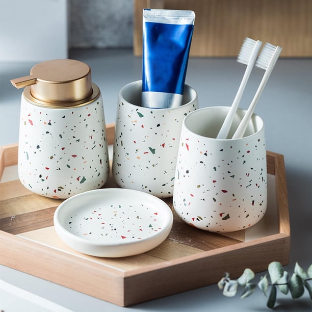 Juego de accesorios de baño de cerámica, botella dispensadora de loción, taza de enjuague bucal, taza de cepillo de , vaso, artículos de baño Corto Baoblaze Cosas de baño