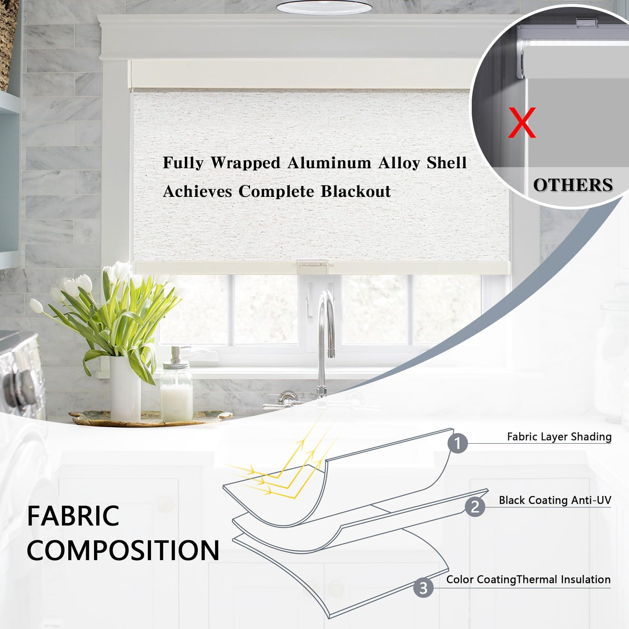 AOSKY Cordless Blackout Roller Shades, Free-Stop Natural Woven Window Blinds Thermal Insulated UV Protection for Home and Office, 41"W x 72"H, Linen