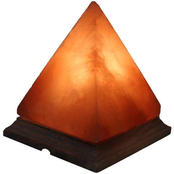 Himalayan Rock Salt Pyramid Lamp, 8 Inches Tall - Soft Calm Therapeutic Light - Handcrafted Crystal Pyramid Design - 7" x 7" Finished Wood Base - Tibetan Evaporated Rock Lamps - Dark Orange Hue