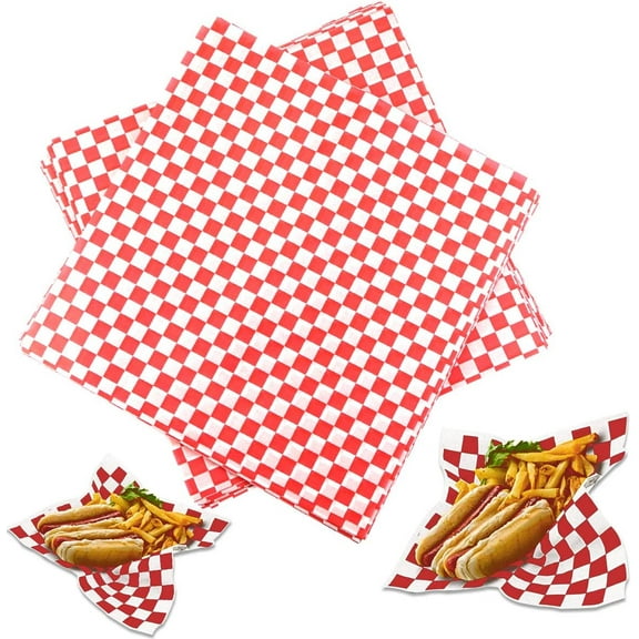 100 Sheets Checkered Dry Waxed Deli Paper Sheets, Paper Liners for Plastic Food Basket, Wrapping Bread and Sandwiches