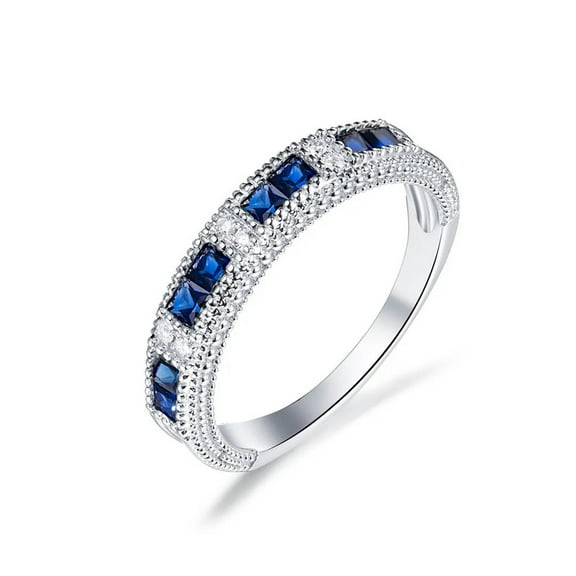 Princess Cut Lab-Created Blue Sapphire and Diamond Half Eternity Wedding Band Ring in 925 Sterling Silver for Women – Elegant and Timeless Engagement Jewelry
