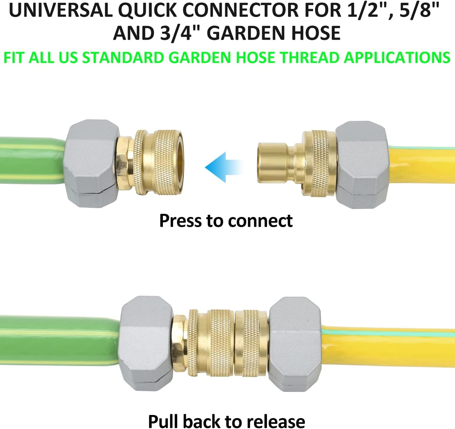 STYDDI Brass Full Flow Garden Hose Quick Connect Fittings, Solid Brass 3/4-Inch GHT Lawn Hose Quickly Disconnect Connector Coupler, Compatible with Most Hoses, Spigots, Watering Tools, 2 Sets