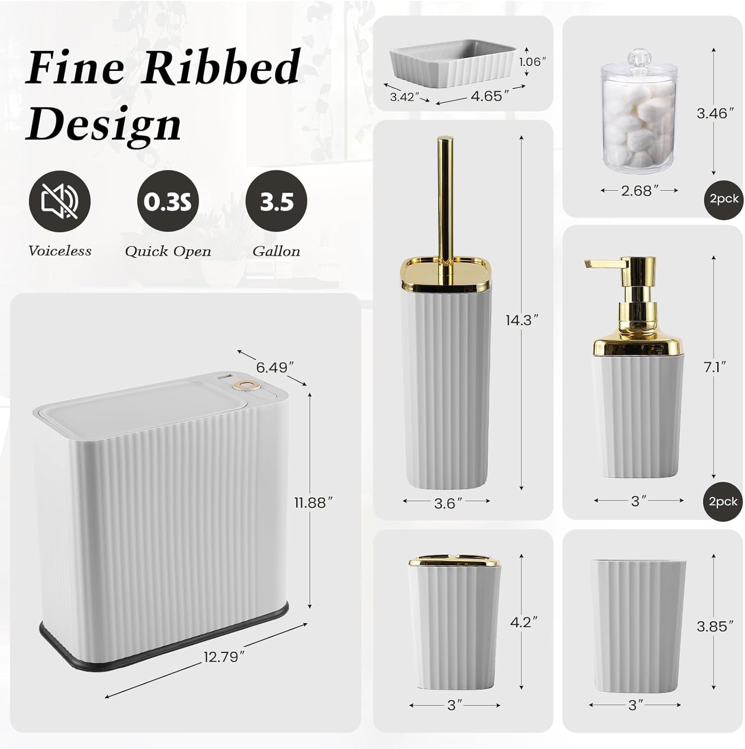 Black and Gold Bathroom Accessories Set - 9 Piece Complete Organization Kit with Slim Pop-up Trash Can, Toilet Brush, Lotion Dispensers, Jars & Soap Dish - Modern Matte Stripe Bathroom Decor