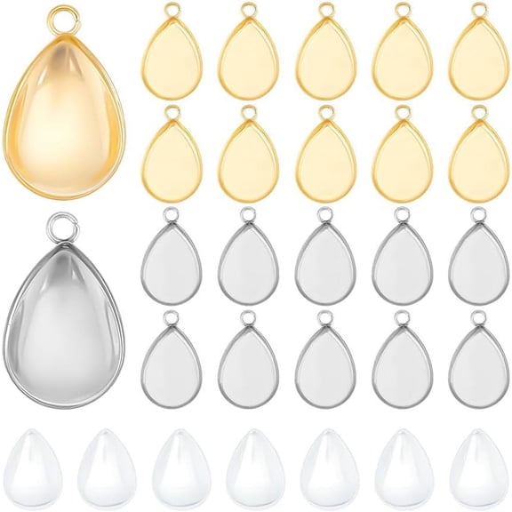 30 Sets 2 Colors Teardrop Pendant Cabochon Stainless Steel Pendant Cabochon Blank Bezel Pendant with Glass Cabochons Base Pendant Cabochon Settings for Necklaces Jewelry Making