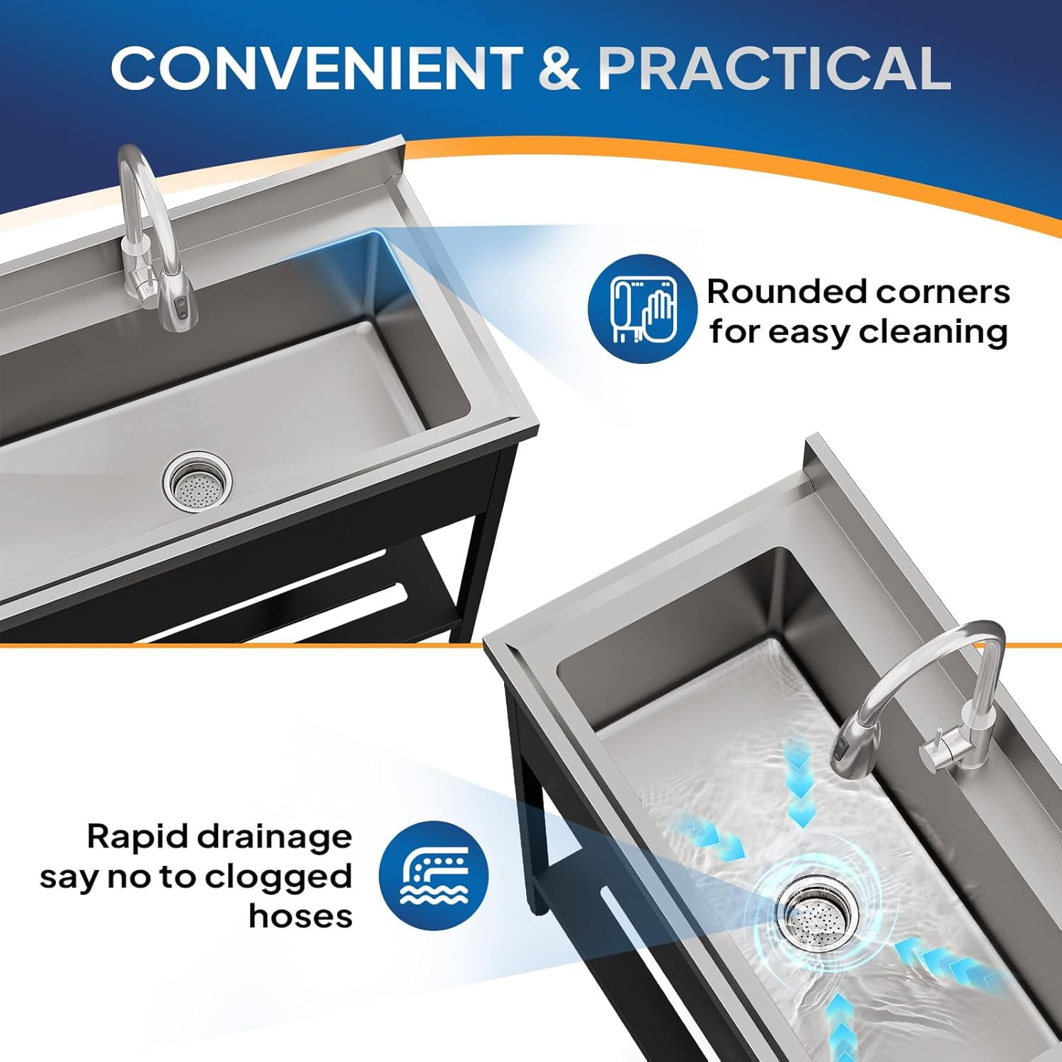 Ktaxon Stainless Steel Utility Sink, Free Standing Sink with Faucet, Perfect for Laundry Room, Kitchen, Restaurant, Garage, Backyard, 20"D x 36"W x 38"H