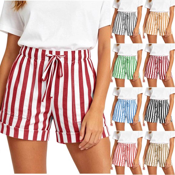HBBIKVI Stripe Bermuda Shorts for Women Cover-Up Ruched Shorts With Drawstring Elastic Band Exterior Pocket Relaxed Fit Elastic Waist for Nautical Vacation