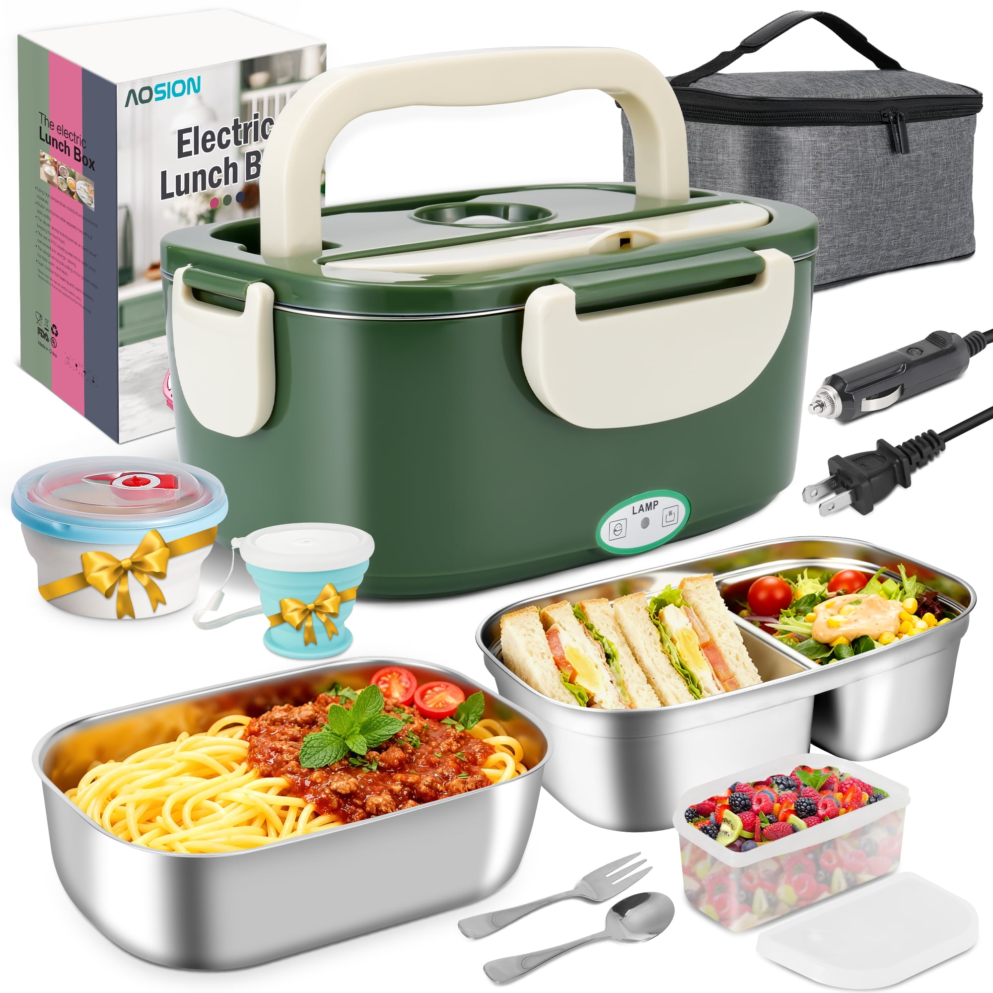 Electric Heated Lunch Box for Adults, 4 IN 1 Heating Lunch Box with 2 Pack 1.5L Container, 80W Lonchera Eléctrica Portátil, Food Warmer for Car/Truck/Office, Gift for Men (Green)