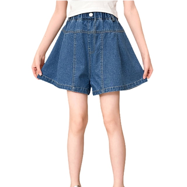 Zpanxa Girls Solid Color Denim Shorts Elastic High Waist Button Closure Flared A-Line Skirt Shorts Polyester Denim 7-8 Years