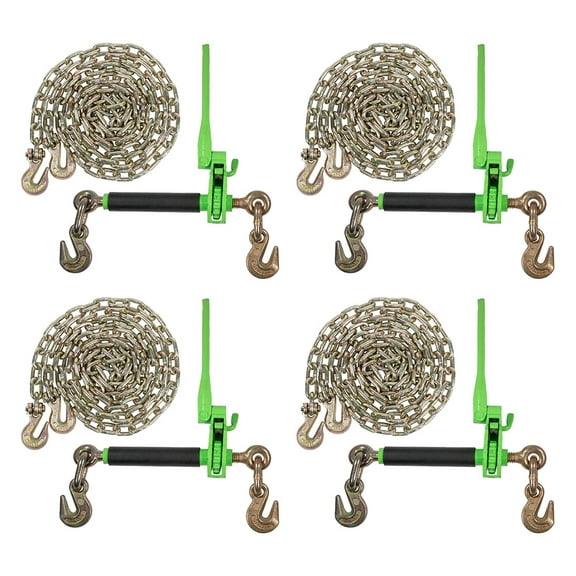 4 Pack 5/16" - 3/8" Hi-Viz Green Heavy Duty Folding Handle Ratchet Load Binder w/Grab Hook 7,100 lbs WLL & 4 Pack 5/16"x 12' Grade 70 Binder Chain w/Clevis Grab Hooks 4,700 Lbs WLL
