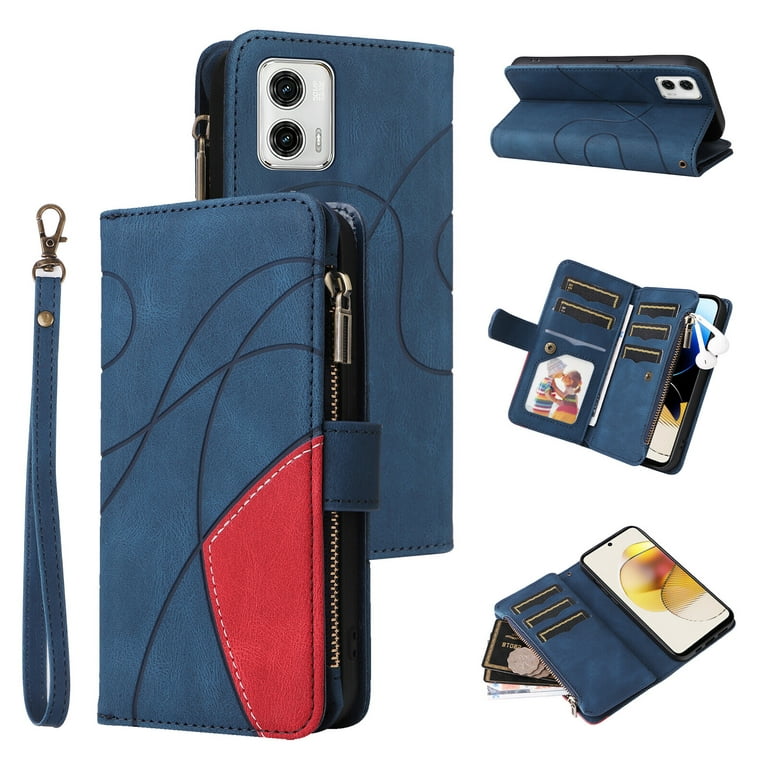 Motorola MOTO G73 5G Case , Wallet Cover Zipper Poket Nine Card Slot PU  Leather Magnetic Clasp Kickstand Compatible with Motorola MOTO G73 5G Case  - Blue 